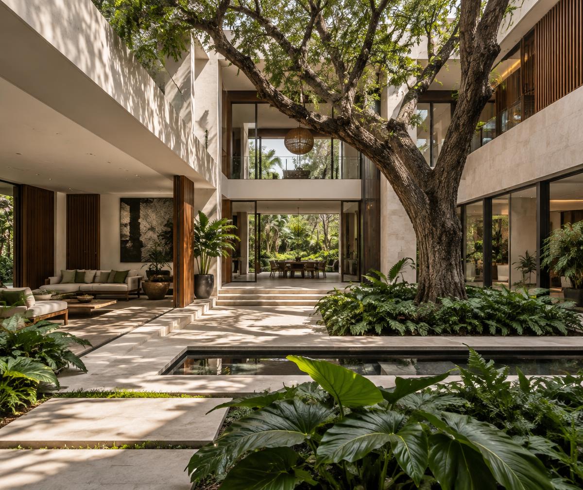 Calm courtyard framed by contemporary Nairobi architecture